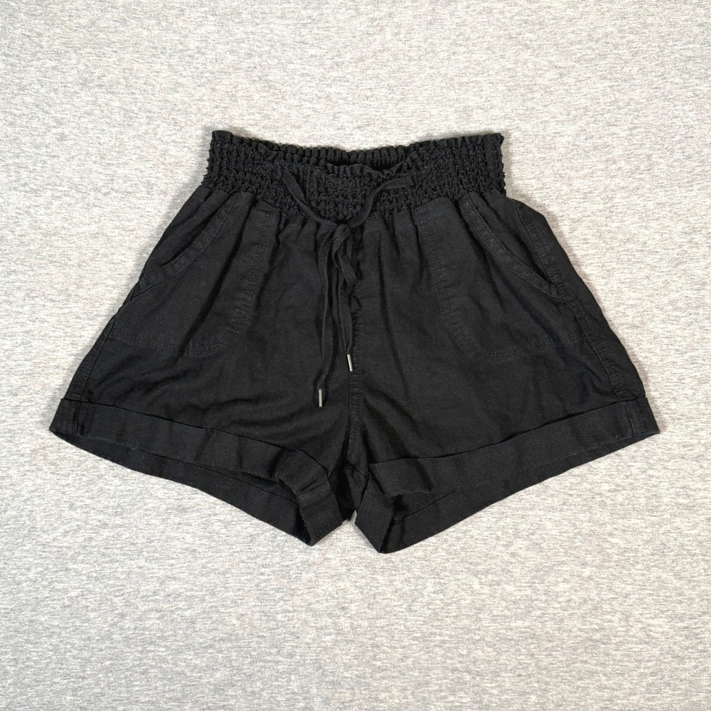 Forever 21 Black Smocked High Waist Linen Blend Shorts XS Drawstring Cuffed